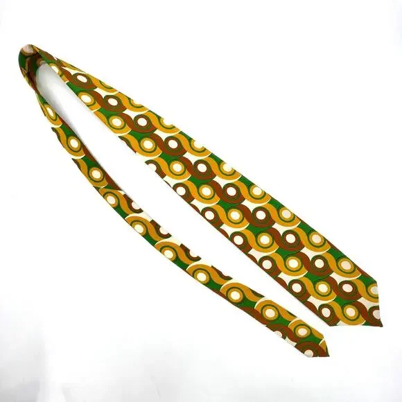 Christian Dior Vintage 60s Silk Tie Geometric Mod Circles Gold Brown Green